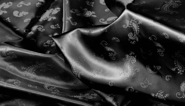 ●テクスチャー、ペイズリープリントのブラックシルクシフォン生地。素晴らしい — ストック写真