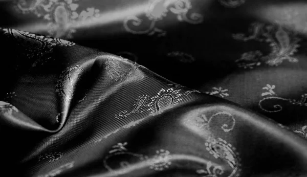 Texture, tessuto chiffon di seta nera con stampa paisley. favoloso — Foto Stock