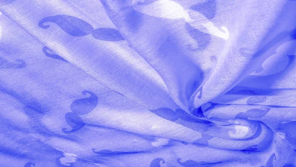 Tekstura tła, niebieski jedwab tkanina z malowane Cartoon Mustac — Zdjęcie stockowe