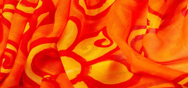 Texture silk, fabric red background with painted yellow flowers — Stock Photo, Image