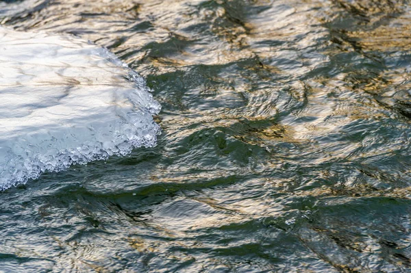 Winter landscape, ice on the spring, frozen water, a brittle, transparent crystalline solid. source, well, rill