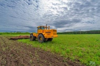 Bahar fotoğrafçılığı, ziraat makineleriyle manzara, bir traktör tarlayı sürüyor, tarlayı sürüyor, kuşlar ekilebilir arazinin üzerinde uçuyor.