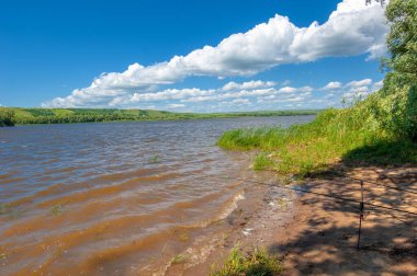 Yaz manzarası, nehir taşkınları, pitoresk kıyılar, kır çiçekli parlak yeşil çimenler, beyaz bulutlu mavi gökyüzü, ılık yaz günleri.,