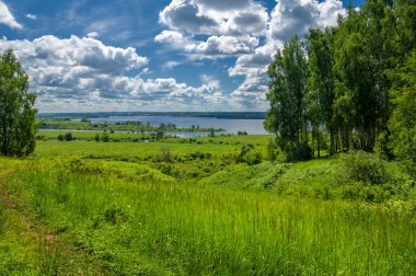 Yaz fotoğrafçılığı, su çayırları, nehir taşkın ovaları, dağdan çekilmiş fotoğraflar. Nehrin kenarında yemyeşil çimenler, çam, huş ağacı, fındık ağacı yetişir. sıcak yaz günleri