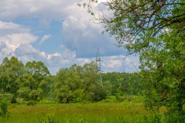 Yaz manzarası, gök gürültülü bulutlar, mavi gökyüzü, sel basmış çayır tarlaları, yaz renklerinin kokusu ve çeşitli kır çiçekleri.