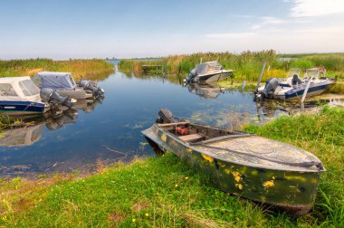 Yaz manzarası. Dünyanın Avrupa bölgesindeki bir nehir. Güneşli sıcak bir gün. Yeşil ağaçlar, çimenler. Mavi gökyüzü küçük bir bulut örtüsüyle.