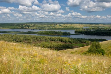 Yaz manzarası, bir kanaldan denize, bir göle ya da başka bir dereye akan büyük bir doğal su akıntısı. Sel, nulla, sıvı, ford. Yüksek tepe kıyıları