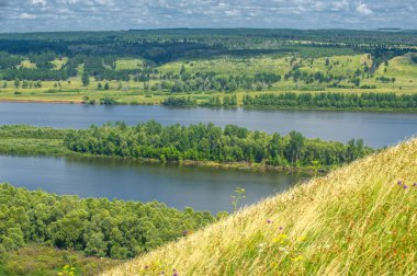 Yaz manzarası, bir kanaldan denize, bir göle ya da başka bir dereye akan büyük bir doğal su akıntısı. Sel, nulla, sıvı, ford. Yüksek tepe kıyıları