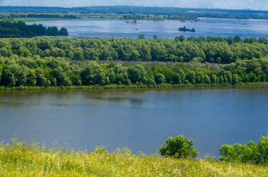 Yaz manzarası, bir kanaldan denize, bir göle ya da başka bir dereye akan büyük bir doğal su akıntısı. Sel, nulla, sıvı, ford. Yüksek tepe kıyıları