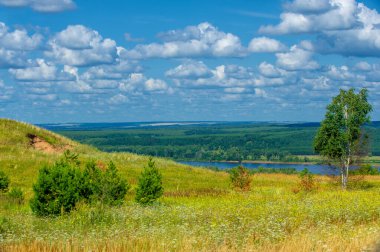 Yaz manzarası, bir kanaldan denize, bir göle ya da başka bir dereye akan büyük bir doğal su akıntısı. Sel, nulla, sıvı, ford. Yüksek tepe kıyıları