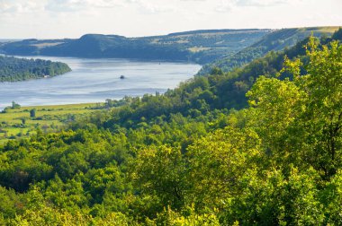 Yaz manzarası, bir kanaldan denize, bir göle ya da başka bir dereye akan büyük bir doğal su akıntısı. Sel, nulla, sıvı, ford. Yüksek tepe kıyıları