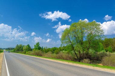 Geniş açılı mercek, yerel otoyol, parlak yeşil ağaçlar, mavi gökyüzündeki bulutlar...