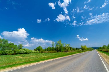 Geniş açılı mercek, yerel otoyol, parlak yeşil ağaçlar, mavi gökyüzündeki bulutlar...