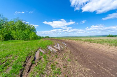 İlkbahar fotoğrafçılığı, tarlalar, çayırlar, ilkbahar güzelliği vadilerin, beyaz kabarık bulutların içindeki muhteşem mavi gökyüzü, dünya kış soğuğundan sonra uyanıyor.
