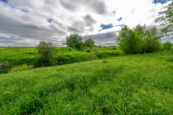 Primavera Fotografia Prati Campi Burroni Colline Paesaggio Rurale Una Gola — Foto Stock