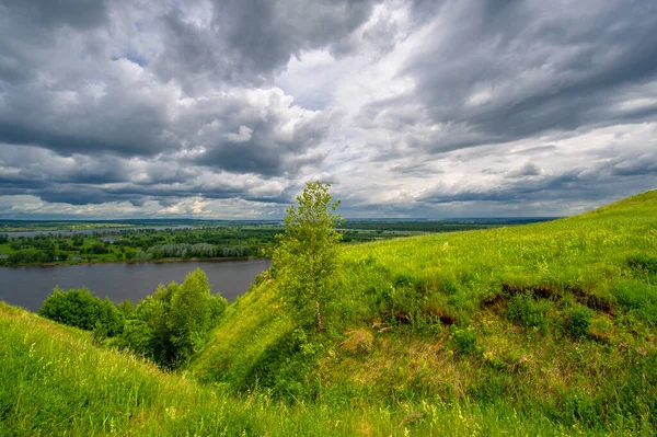 Sommarlandskap Stor Översvämmande Flod Ängsblommor Stranden Floden Mäktiga Moln Himlen — Stockfoto