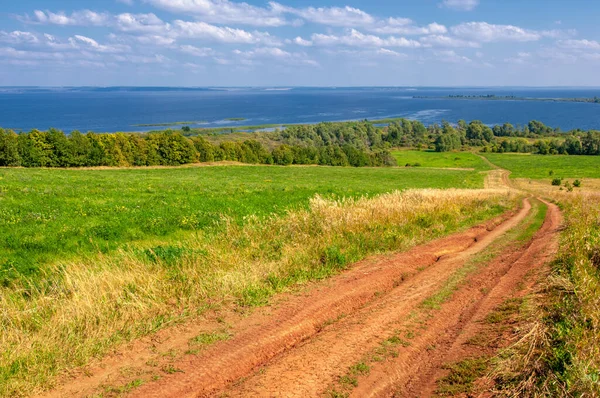 Yaz manzarası. Dünyanın Avrupa bölgesindeki bir nehir. Güneşli sıcak bir gün. Yeşil ağaçlar, çimenler. Mavi gökyüzü küçük bir bulut örtüsüyle.