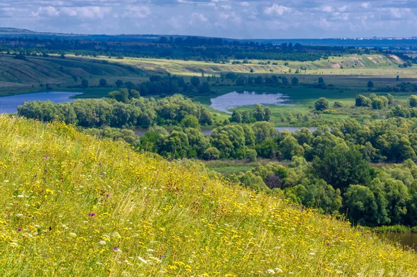 Sommarlandskap Flod Stor Naturlig Ström Vatten Som Rinner Kanal Till — Stockfoto