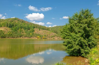 Yaz manzara fotoğrafçılığı, gölü olan yuvarlanan tepeler, Orta Avrupa