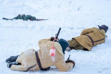 Kış manzarası, faşist işgalciler Naberezhnye Chelny Tatarstan Rusya ile Büyük Vatanseverlik Savaşı 'nın askeri operasyonlarının yeniden yapılandırılması. 16, 02, 2020