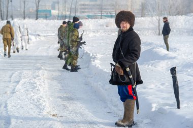 Kış manzarası, faşist işgalciler Naberezhnye Chelny Tatarstan Rusya ile Büyük Vatanseverlik Savaşı 'nın askeri operasyonlarının yeniden yapılandırılması. 16, 02, 2020