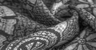 Arka plan tasarım dokusu, siyah-beyaz, beyaz çiçek çizimleri olan ipek kumaş. Charmeus 'un çok güzel bir kumaşı var. Yumuşak bir doluluk içinde birleştirilebilir..