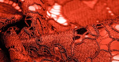 Doku, arkaplan, desen, kırmızı dantel kumaş, kabartmalı dantel kumaş, her iki kenarda da istiridye. Projeleriniz için uygun, tasarım, vs..