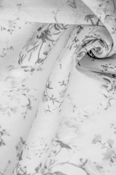 Textura Pozadí Vzor Bílá Bavlněná Tkanina Potiskem Květin — Stock fotografie