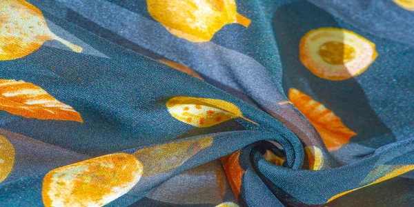 Textura Fondo Patrón Tela Seda Azul Con Estampado Hojas Amarillas —  Fotos de Stock