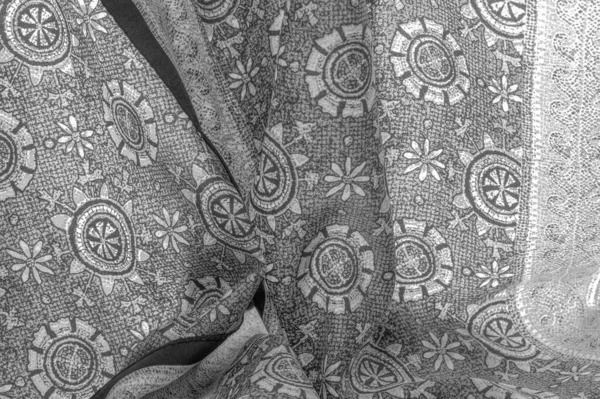 Фон Дизайн Текстуры Черно Белый Шелковая Ткань Белыми Рисунками Цветочных — стоковое фото