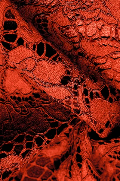 Textúra Háttér Minta Vörös Csipke Szövet Finom Dombornyomott Csipke Szövet — Stock Fotó