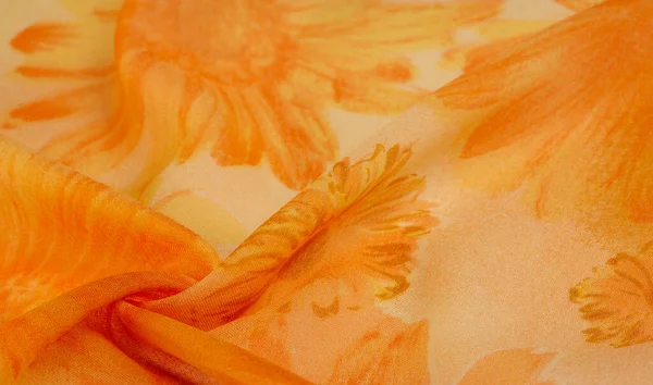 Textura Fundo Tecido Seda Laranja Com Flores Prado Pintadas — Fotografia de Stock