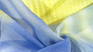 Doku, desen, koleksiyon, açık mavi, sarı ve beyaz ipek kumaş, soyut desen ve yatak tonu.