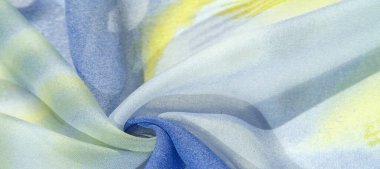 Doku, desen, koleksiyon, açık mavi, sarı ve beyaz ipek kumaş, soyut desen ve yatak tonu.