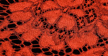 Doku, arkaplan, desen, kırmızı dantel kumaş, kabartmalı dantel kumaş, her iki kenarda da istiridye. Projeleriniz için uygun, tasarım, vs..