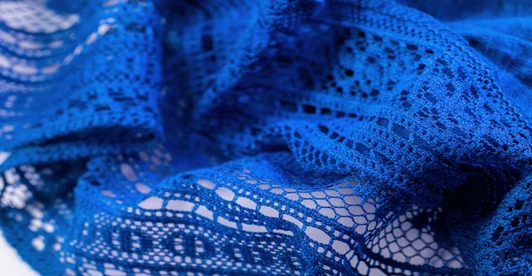 パターン 青いレース生地 薄いオープン生地 綿やシルクで作られた パターン内のループ ねじれや編み糸を使用して作られた — ストック写真