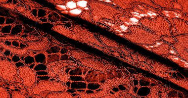 Doku, arkaplan, desen, kırmızı dantel kumaş, kabartmalı dantel kumaş, her iki kenarda da istiridye. Projeleriniz için uygun, tasarım, vs..