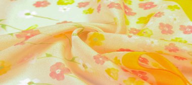 Doku arka planı, ipek kumaş, bej arka planda küçük çiçekler, ince dikiş. Kırmızı, bej renkli ton. Çiçek tasarımı