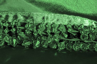 Kartpostal, arkaplan, doku, derin zümrüt ipek kumaş, yeşil cam boncuklarla süslenmiş, boncuklarla süslenmiş, tasarım