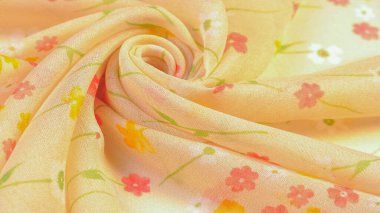 Doku arka planı, ipek kumaş, bej arka planda küçük çiçekler, ince dikiş. Kırmızı, bej renkli ton. Çiçek tasarımı