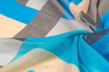 Doku, arka plan, ipek kumaş deseni, dikdörtgen eşkenar dörtgen, bohem baskı, tasarım ve proje aksan için dekoratif kumaş, çok renkli Grunge mavi masmavi bej gri