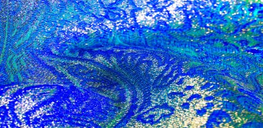 Doku arka planı, desen. Mavi ipek kumaş. Organza brokar kumaş. Çoban, gevrek palmiyeli. Geniş iplik boyalı bir çiçek deseni var..