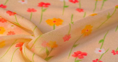 Doku arka planı, ipek kumaş, bej arka planda küçük çiçekler, ince dikiş. Kırmızı, bej renkli ton. Çiçek tasarımı