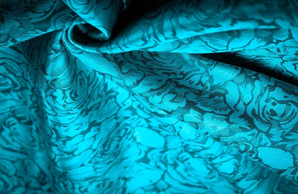 Patrón Relieve Textiles Compuestos Tela Seda Azul Con Patrón Floral —  Fotos de Stock