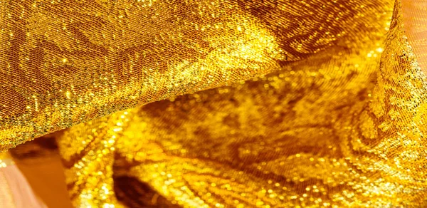 Textuur Achtergrond Patroon Stof Geel Goud Brokaat Organza Brokaat Stof — Stockfoto