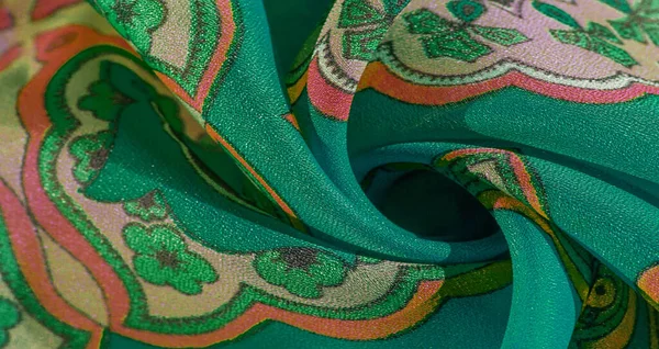 Textura Pozadí Pestrobarevná Hedvábná Tkanina Vzorem Vzorů Zeleném Pozadí Žakárový — Stock fotografie