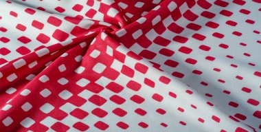 doku arkaplan deseni. Beyaz arka planda kırmızı kare desenli ipek kumaş. Bu ağır bir kare.% 100 polyester desen modern modelle mükemmel uyuyor.