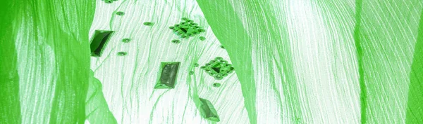 Конструкція Тла Текстура Шовковий Візерунок Зелена Тканина Приклеєними Декоративними Фігурними — стокове фото