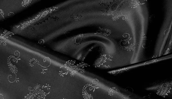 黑色丝丝雪纺织物与佩斯利打印 神话般的柔软和黑暗的面料 一个美丽的佩斯利图案在灰色 这将是同样美丽的设计 — 图库照片