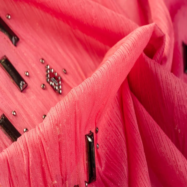 Textura Design Fundo Padrão Seda Tecido Rosa Com Pedras Facetadas — Fotografia de Stock
